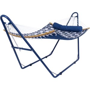 Curved Spreader Bar Hammock with Blue Steel Stand - Gray Blue Octagon