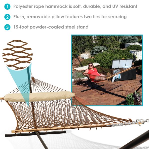 2-Person Polyester Rope Hammock with 15' Stand - Brown - Image 8